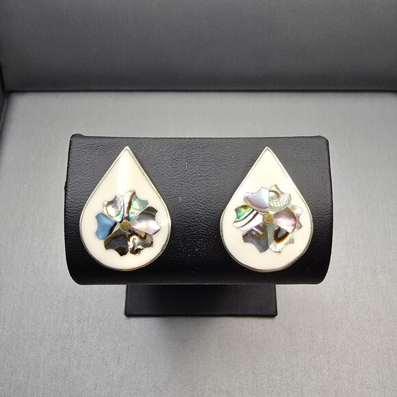 VTG Alpaca Silver Abalone Enamel Earrings 1" Mexico Teardrop Inlay Signed - Picture 8 of 8